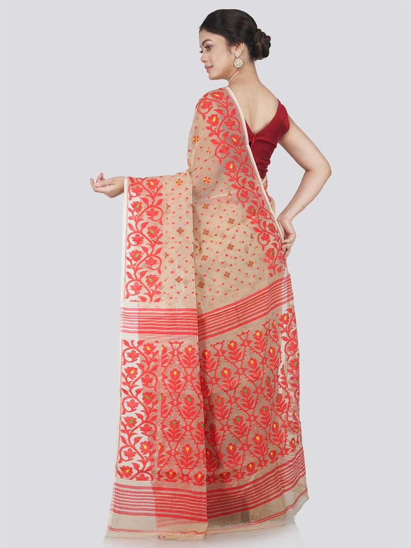 Pinkloom Women'S Beige Hand_Woven Cotton Jamdani Saree Without Blouse