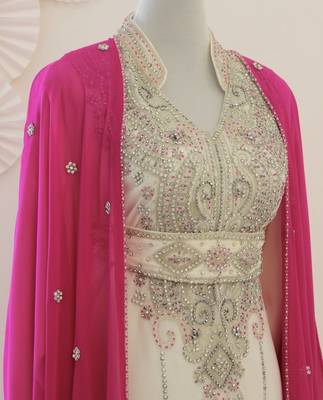 Pink & White Kaftan Handcrafted Georgette Elegance Work Party Wear Fully Stitched Dresses 2