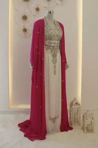 Pink & White Kaftan Handcrafted Georgette Elegance Work Party Wear Fully Stitched Dresses