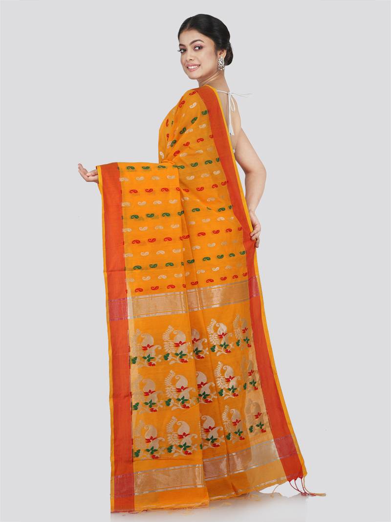 PinkLoom Women's Yellow Hand_Woven Cotton_Silk Saree With Blouse