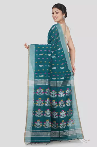 PinkLoom Women's Green Hand_Woven Cotton_Silk Saree With Blouse