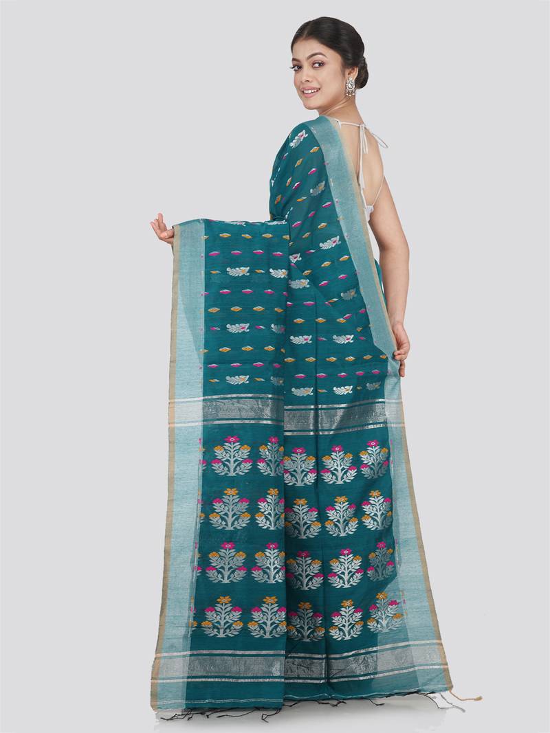 PinkLoom Women's Green Hand_Woven Cotton_Silk Saree With Blouse