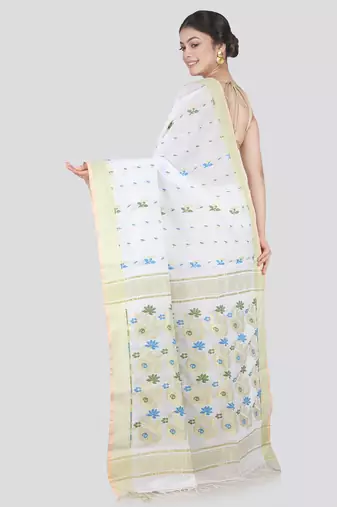 PinkLoom Women's White Hand_Woven Cotton_Silk Saree With Blouse