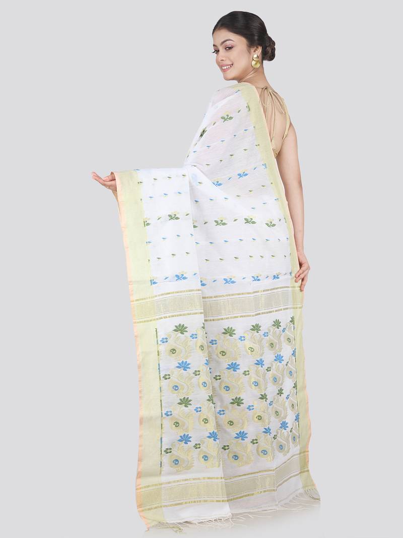 PinkLoom Women's White Hand_Woven Cotton_Silk Saree With Blouse