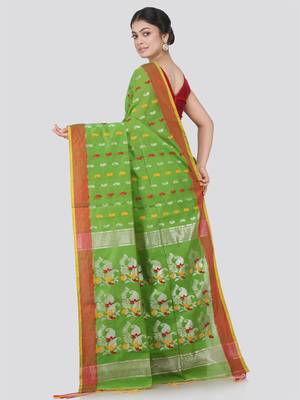 PinkLoom Women's Green Hand_Woven Cotton_Silk Saree With Blouse 3