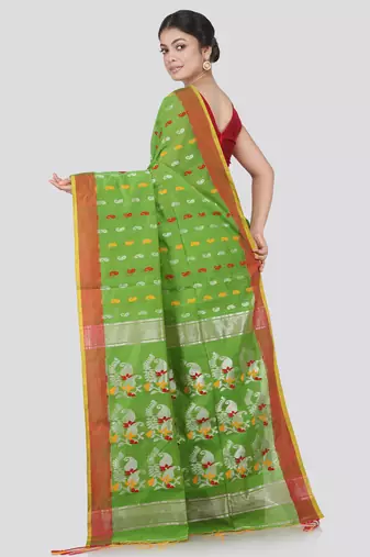 PinkLoom Women's Green Hand_Woven Cotton_Silk Saree With Blouse