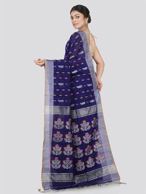PinkLoom Women's Navy Blue Hand_Woven Cotton_Silk Saree With Blouse 3
