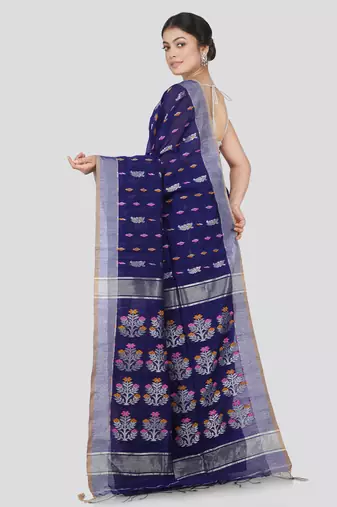 PinkLoom Women's Navy Blue Hand_Woven Cotton_Silk Saree With Blouse