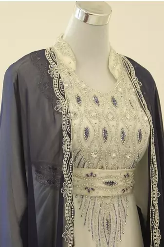 Grand Off-White Kaftan with Navy Blue Jacket & Silver Beadwork | Event Dress