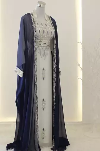 Grand Off-White Kaftan with Navy Blue Jacket & Silver Beadwork | Event Dress