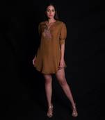 Golden brown collared embroidery dress