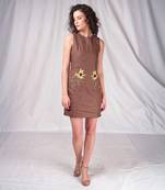 Brown linen floral hand-embroidery dress