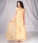 Yellow shibori print long embroidery dress