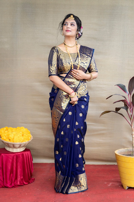 Navy Banarasi silk blend Saree With Blouse Piece. 2