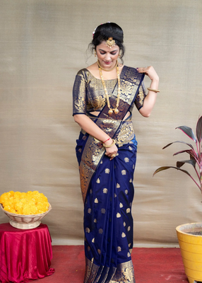 Navy Banarasi silk blend Saree With Blouse Piece. 1