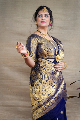 Navy Banarasi silk blend Saree With Blouse Piece. 3