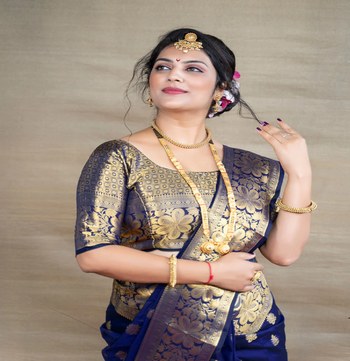 Navy Banarasi silk blend Saree With Blouse Piece. 4