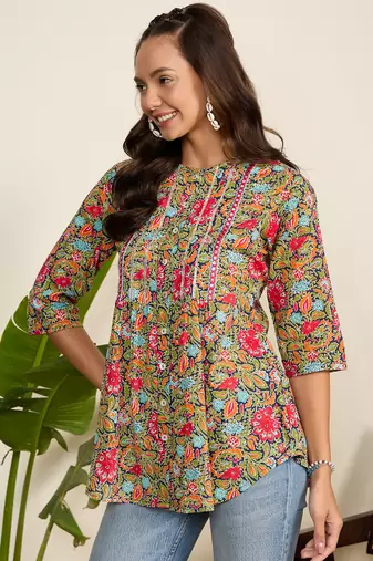 Winered women multicolor floral print front opening tunic