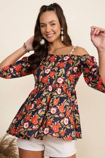 Winered women navy blue floral print one shoulder top