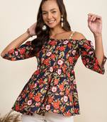 Winered women navy blue floral print one shoulder top