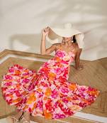 Winered women pink floral lace strap tiered dress