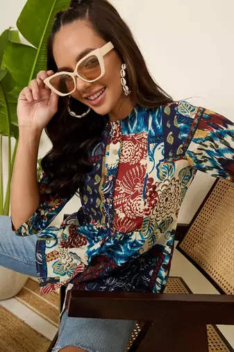 Winered woman multicolor printed front opening tunic