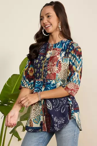 Winered woman multicolor printed front opening tunic