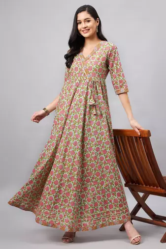 Winered woman angrakha floral dress with border