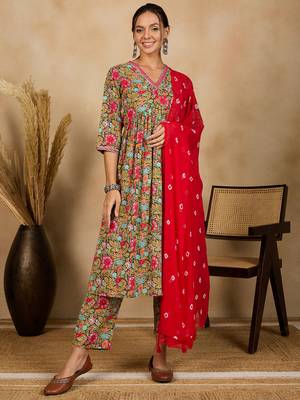 Winered woman navy blue floral print neck embroidery naira cut kurta, pant & dupatta 1