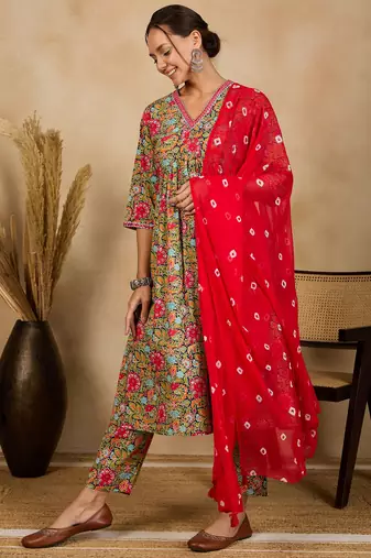 Winered woman navy blue floral print neck embroidery naira cut kurta, pant & dupatta