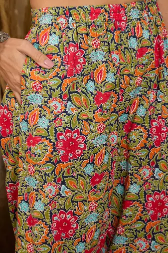 Winered woman navy blue floral print neck embroidery naira cut kurta, pant & dupatta