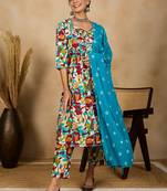 Winered woman multicolor abstract print ruched yoke flare kurta set with dupatta