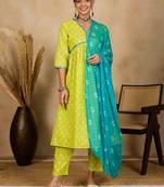 Winered woman green printed mirror work naira-cut kurta dupatta set