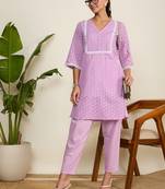 Winered woman purple schiffli with lace detailing kurta set