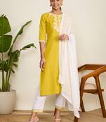 Winered woman yellow embroidered kurta, white pant & dupatta set