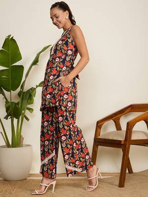 Winered woman navy blue floral print halter neck co-ord set 4