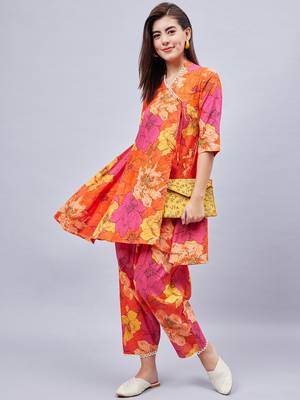 Winered woman orange floral print angrakha co-ord set 1