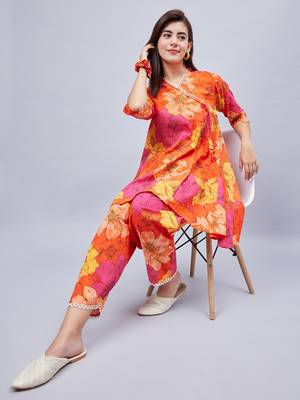 Winered woman orange floral print angrakha co-ord set 3