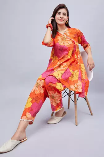 Winered woman orange floral print angrakha co-ord set