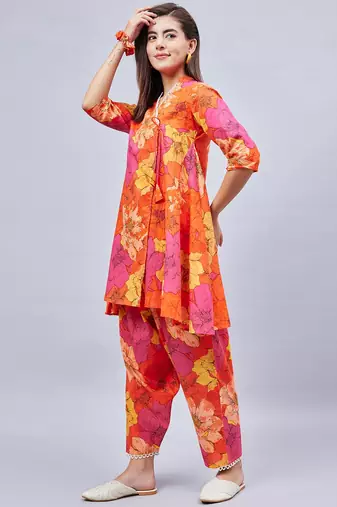 Winered woman orange floral print angrakha co-ord set