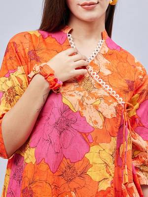 Winered woman orange floral print angrakha co-ord set 6