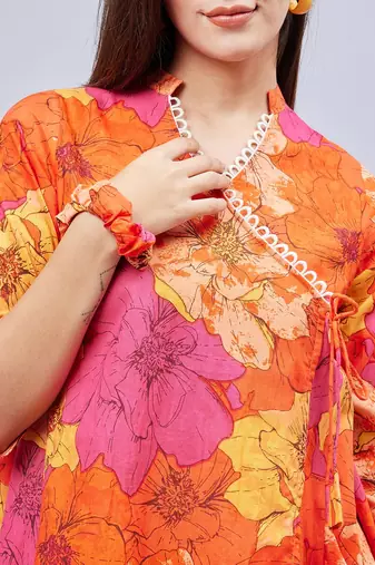 Winered woman orange floral print angrakha co-ord set