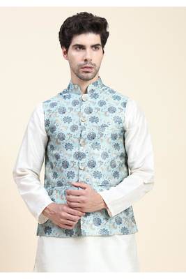 Blue jaquard printed polyester nehru jacket/ waist coat 1