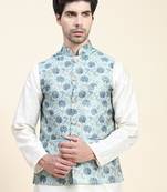 Blue jaquard printed polyester nehru jacket/ waist coat