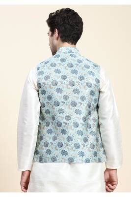 Blue jaquard printed polyester nehru jacket/ waist coat 2