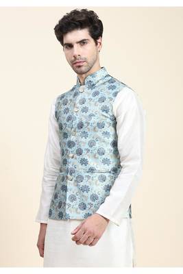Blue jaquard printed polyester nehru jacket/ waist coat 3