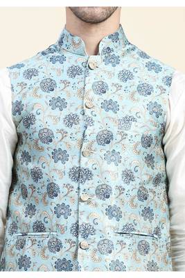 Blue jaquard printed polyester nehru jacket/ waist coat 4