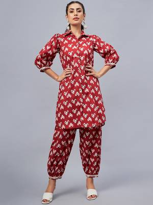 Winered woman rust ikat printed front opening co-ord set 1