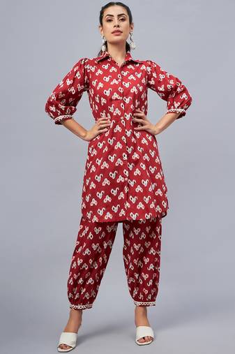 Winered woman rust ikat printed front opening co-ord set