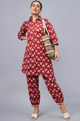 Winered woman rust ikat printed front opening co-ord set